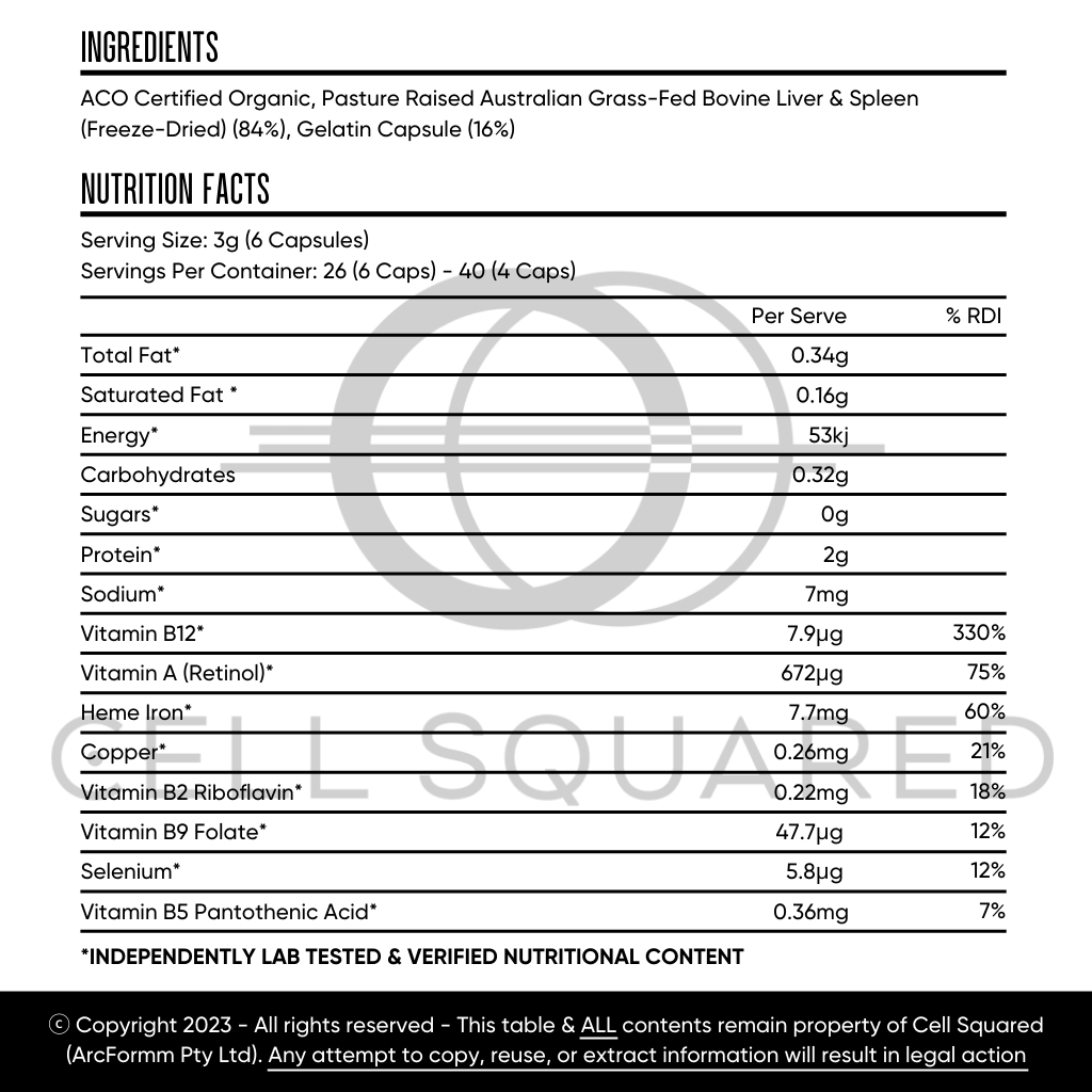 Cell Squared Organic Grass-Fed Beef Liver & Spleen Capsules