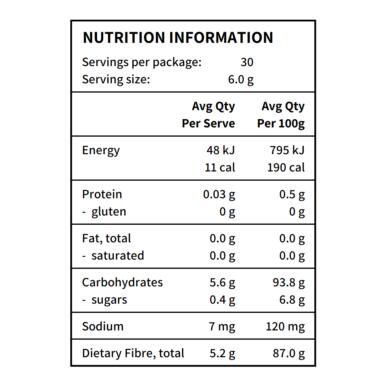 Glow Proteins - Gut Prebiotics Sunfiber Nutritional Information