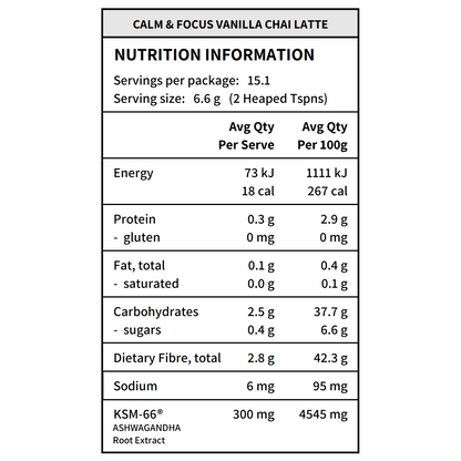 Glow Proteins - Calm & Focus Vanilla Chai Nutritional Information