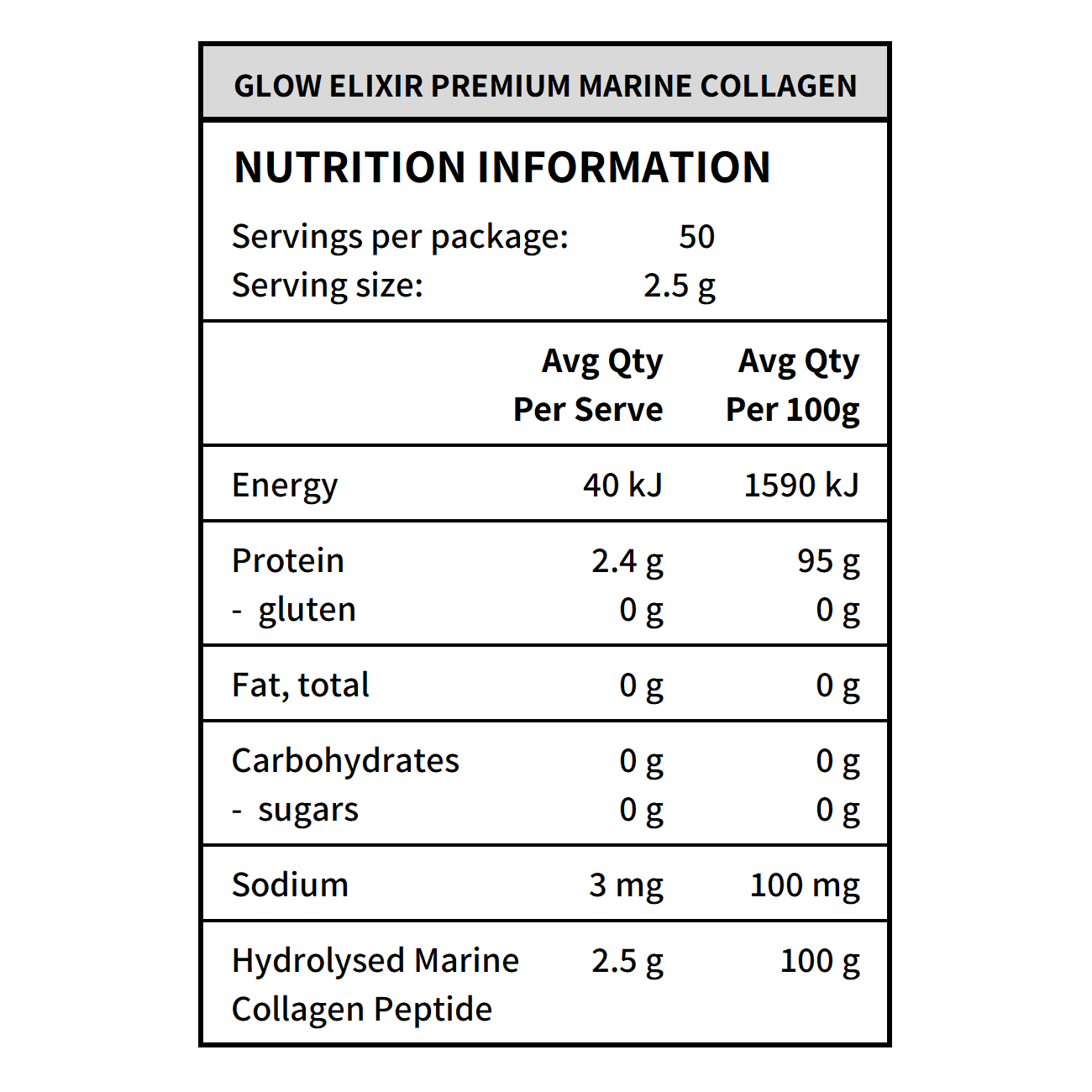 Glow Proteins - Glow Elixir Premium Marine Collagen Nutritional Information
