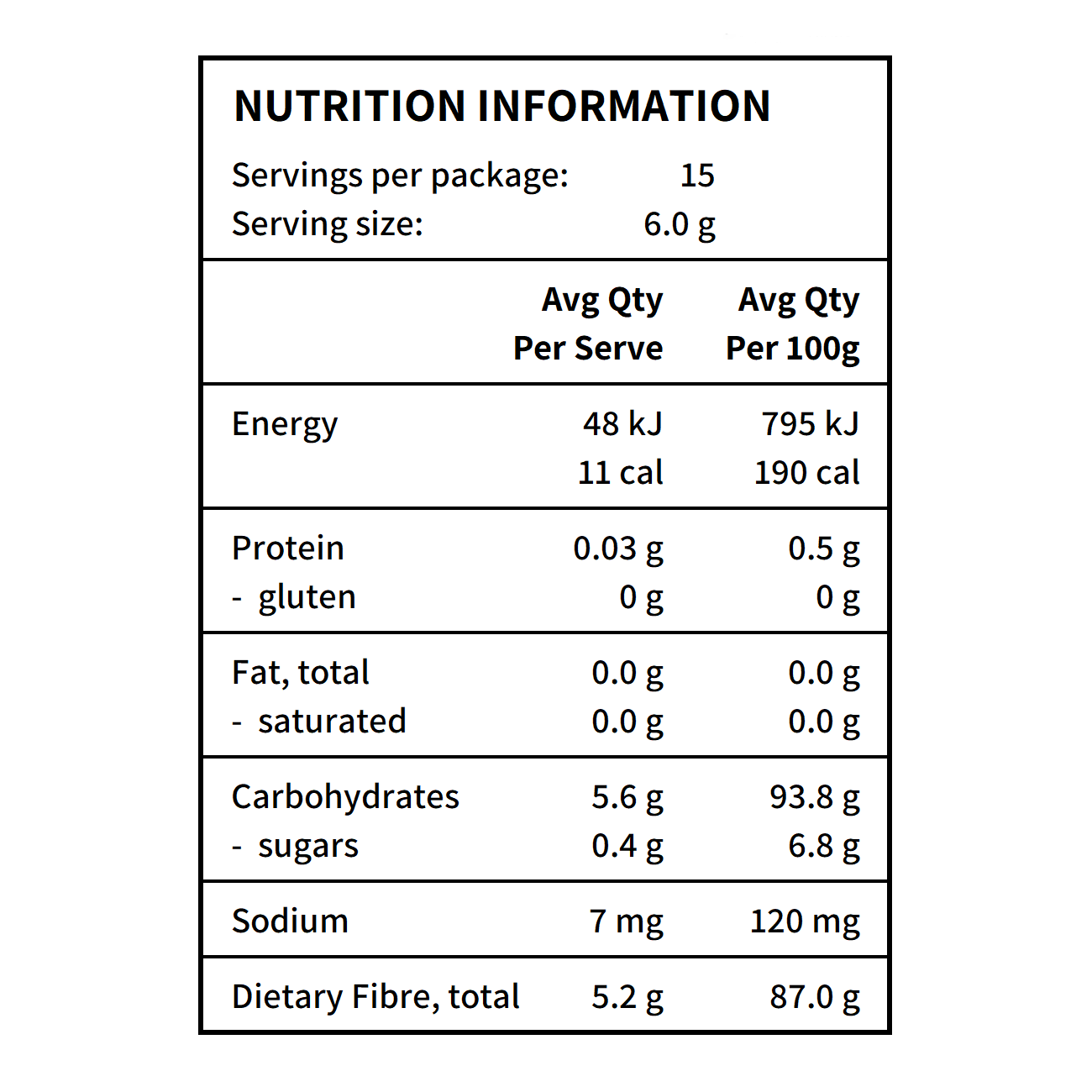 Organic Prebiotic Fibre - Sunfiber® AG-O (Galactomannan Fibre), low FODMAP certified nutritional information
