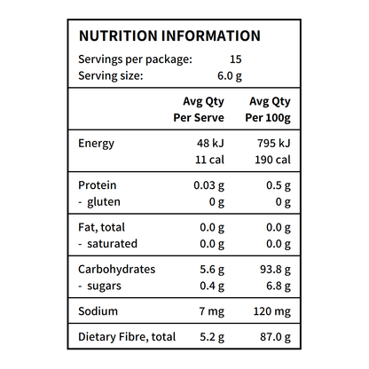 Organic Prebiotic Fibre - Sunfiber® AG-O (Galactomannan Fibre), low FODMAP certified nutritional information